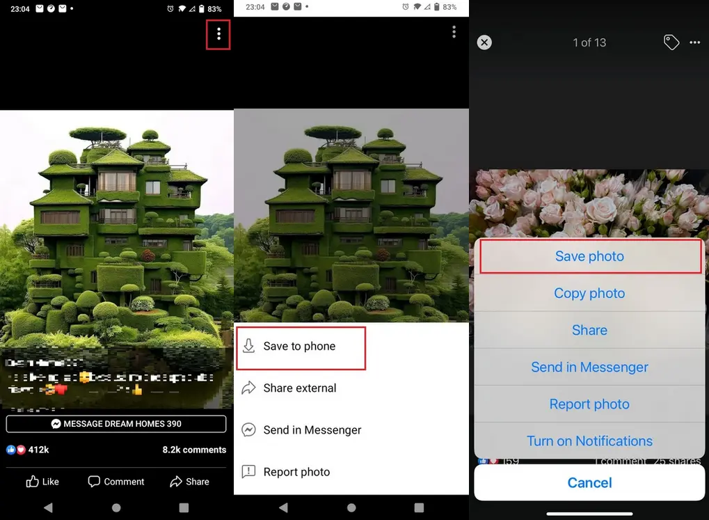 Facebook Download Steps: Screenshot guide showing how to download photos using Facebook's interface